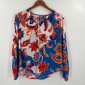 Chico's 0 US S Woodblock Floral Split Neck Tie Front Long Sleeve Flowy Blouse